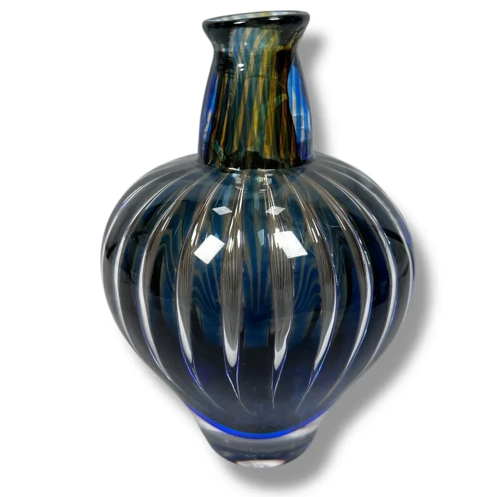 Vintage Orrefors Ariel Vase Edvin Ohrström Blue Amber Swirl Stripe Art Glass MCM